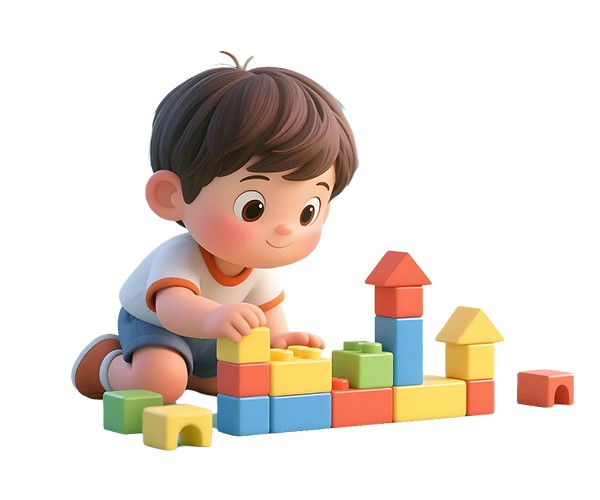  A cartoon boy carefully building a structure with colorful blocks toys